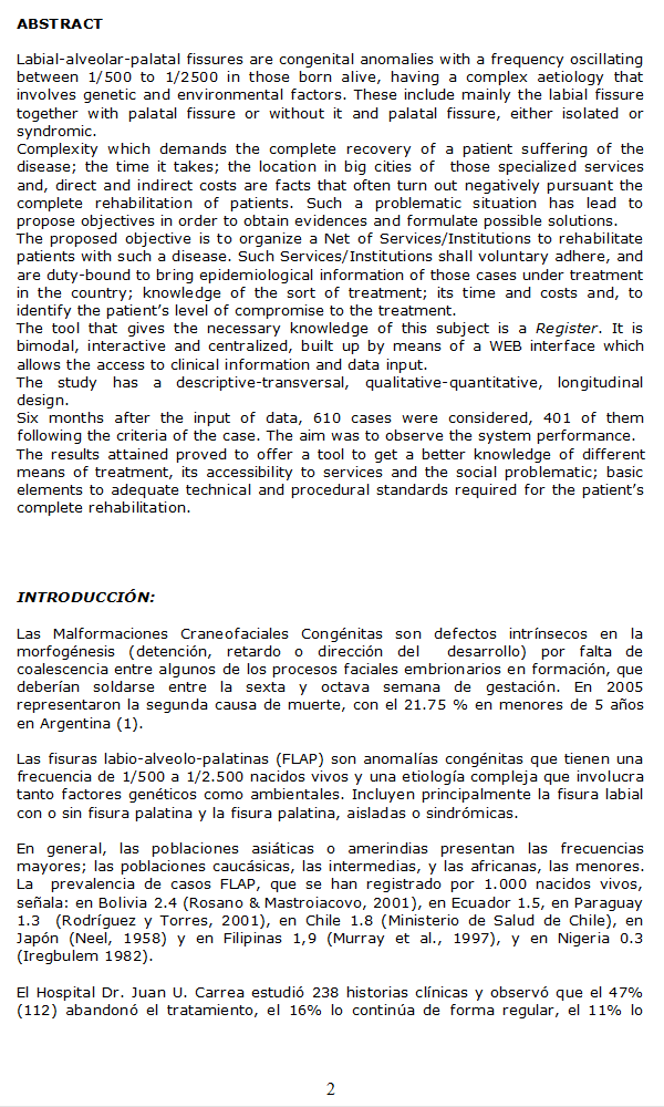 Trabajo de Investigacin: Diseo y Organizacin de una Red de Servicios de Rehabilitacin de Poblacin con Fisuras Labio-Alveolo-Palatinas (FLAP) - Pgina 02